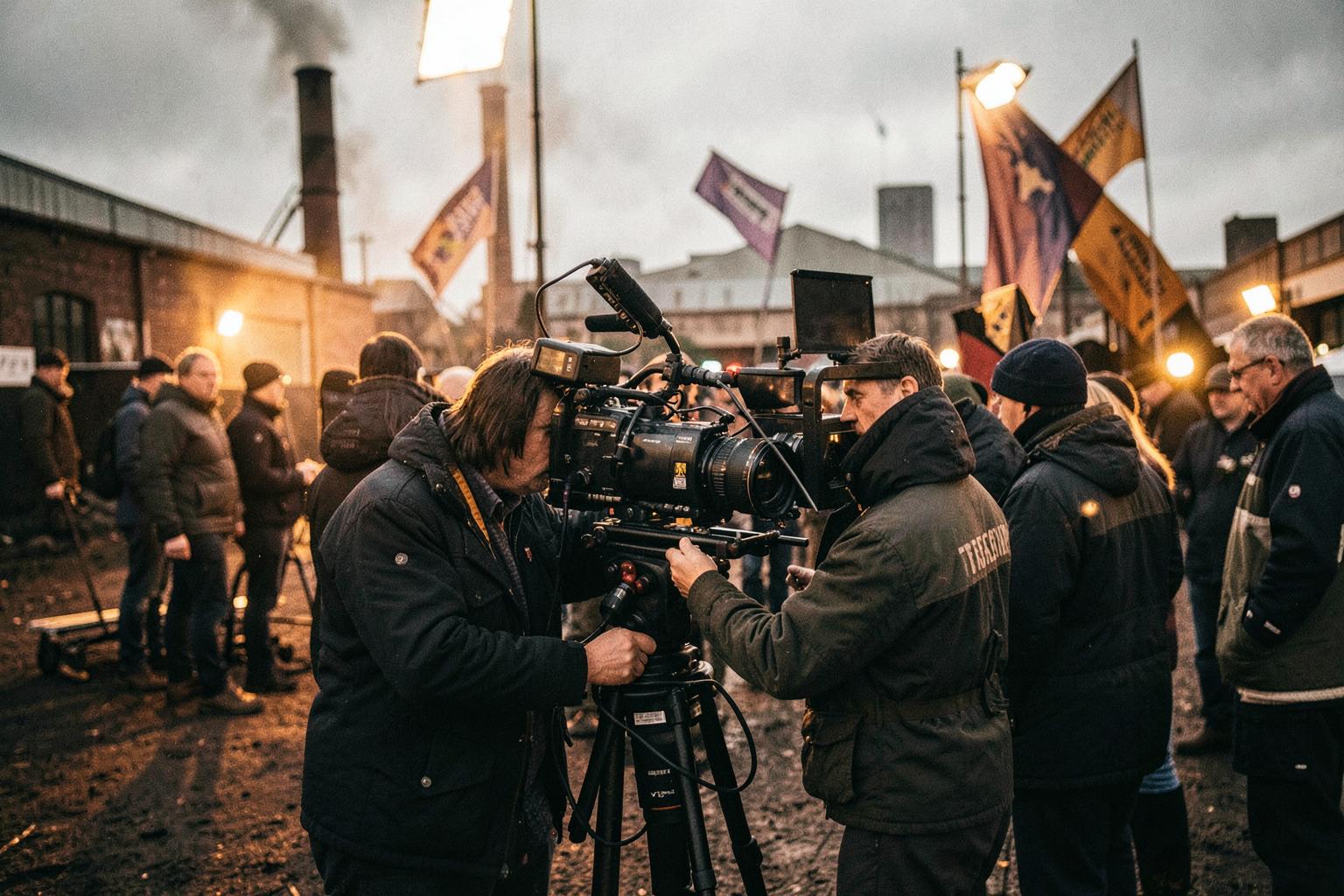 A cinematography crew operating a cinema camera on location