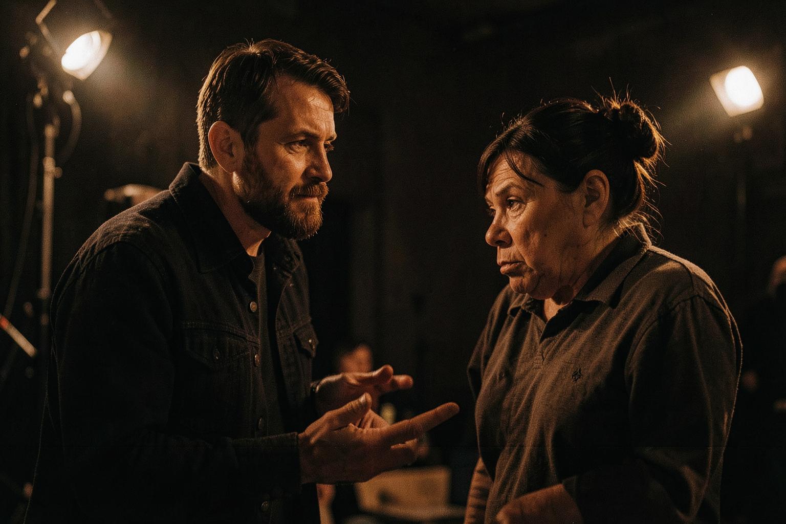 A director working closely with a performer between takes