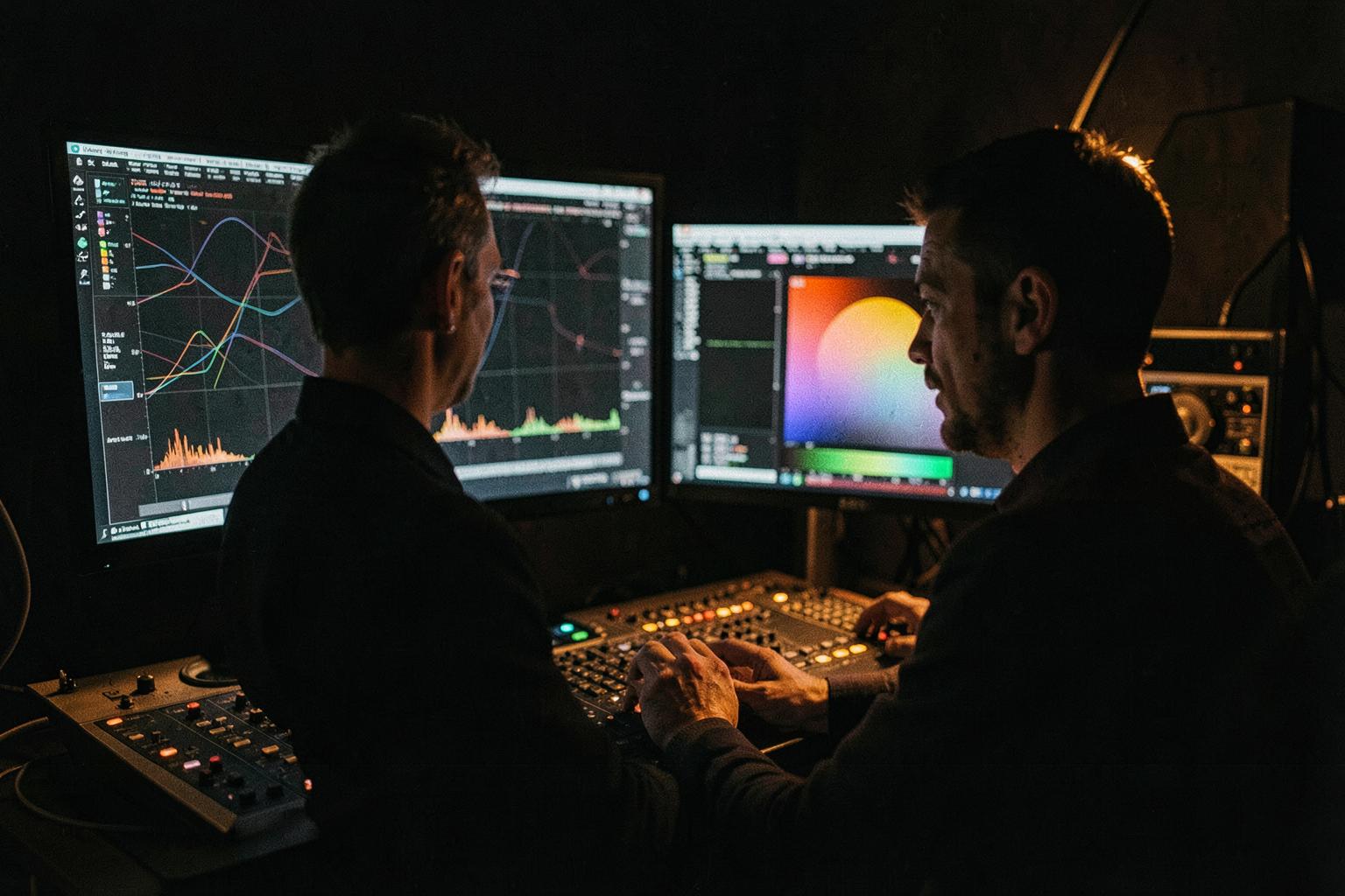 Editors working in a professional colour grading and post-production suite