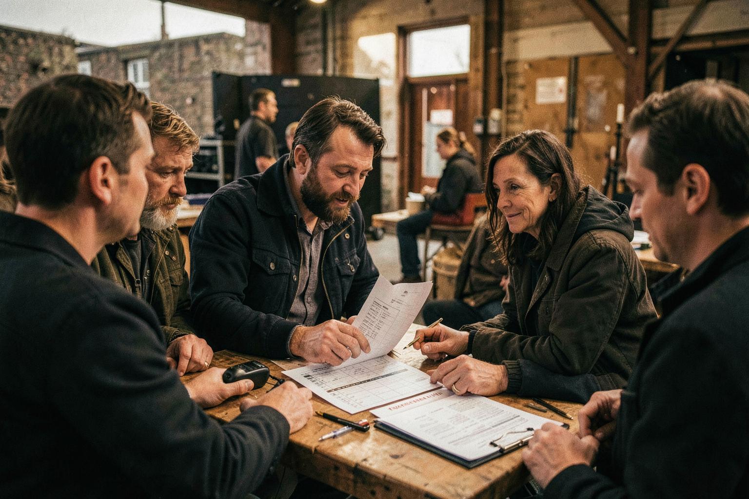 A production team reviewing the schedule and call sheets on location