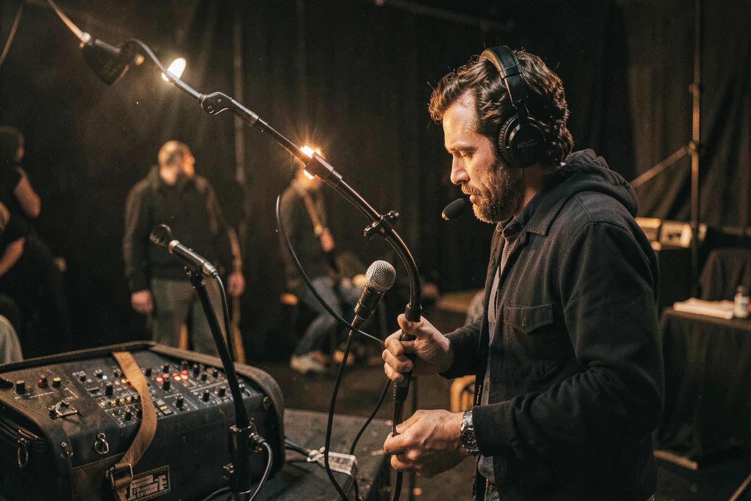 A location sound recordist preparing microphones on set